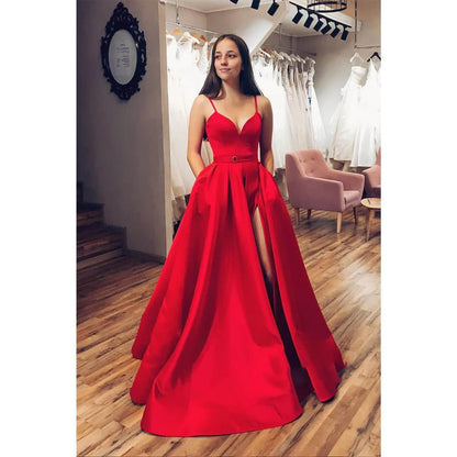 NumberSea - A - line Red Satin V - neck Sexy High Split Long Prom Dress with Pockets