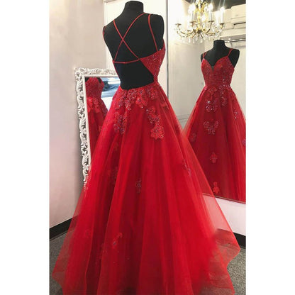 NumberSea - A - line Red Tulle Appliques Long Prom Dress Formal Evening Gowns