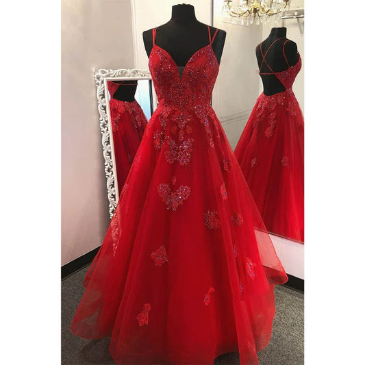 NumberSea - A - line Red Tulle Appliques Long Prom Dress Formal Evening Gowns