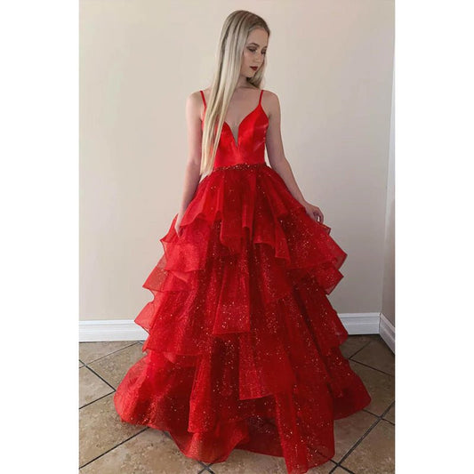 NumberSea - A - line Red Tulle Ruffles Spaghetti Straps Sparkle Prom Dress