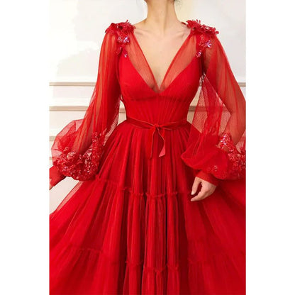 NumberSea - A - line Red Tulle V - neck Long Sleeves Long Formal Evening Dress