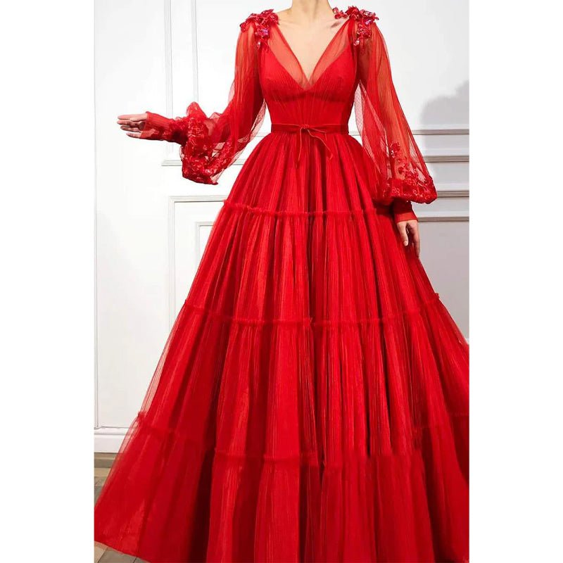 NumberSea - A - line Red Tulle V - neck Long Sleeves Long Formal Evening Dress