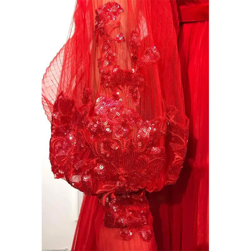 NumberSea - A - line Red Tulle V - neck Long Sleeves Long Formal Evening Dress