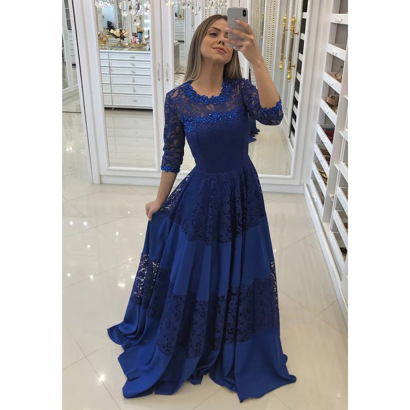 NumberSea - A - line Round Neckline Royal Blue 3/4 Sleeves Long Formal Evening Dress