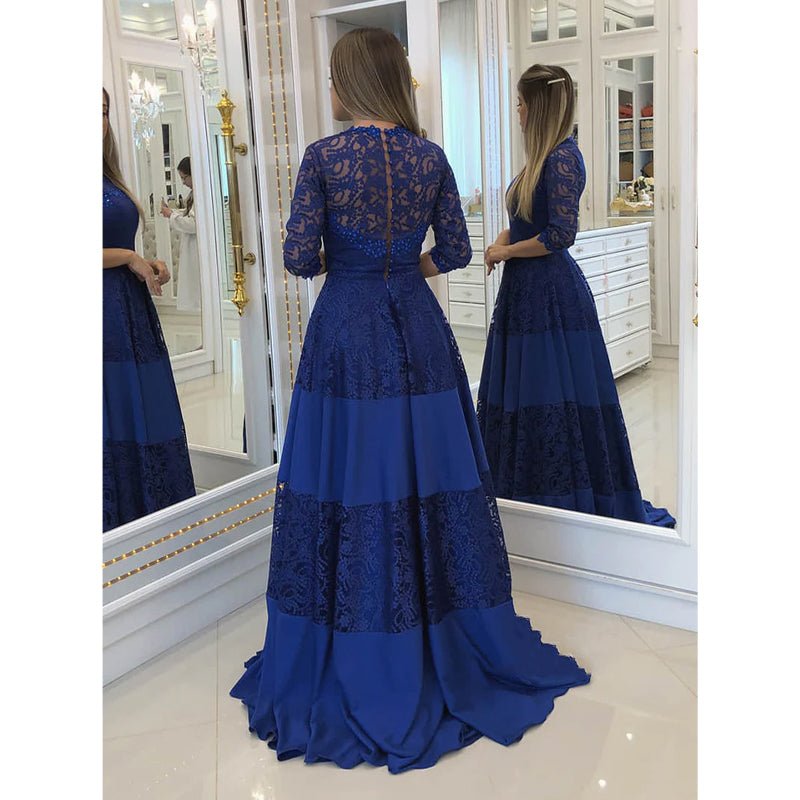 NumberSea - A - line Round Neckline Royal Blue 3/4 Sleeves Long Formal Evening Dress