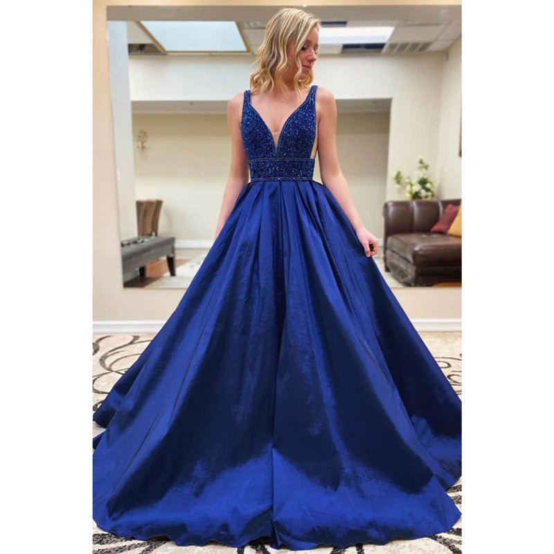 NumberSea - A - line Royal Blue Satin Beaded Long Prom Dress Pageant Dress