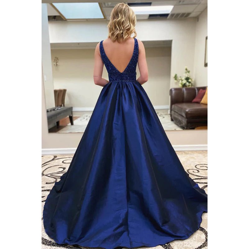 NumberSea - A - line Royal Blue Satin Beaded Long Prom Dress Pageant Dress