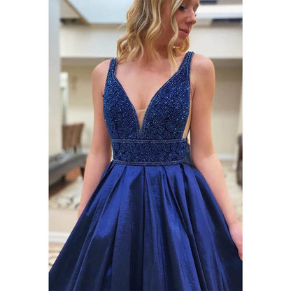 NumberSea - A - line Royal Blue Satin Beaded Long Prom Dress Pageant Dress