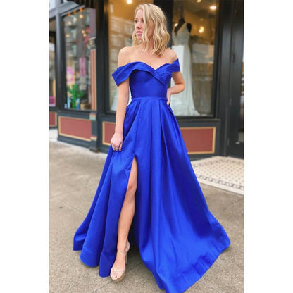 NumberSea - A - line Royal Blue Satin Off - the - shoulder Simple Prom Dress Formal Evening Gowns