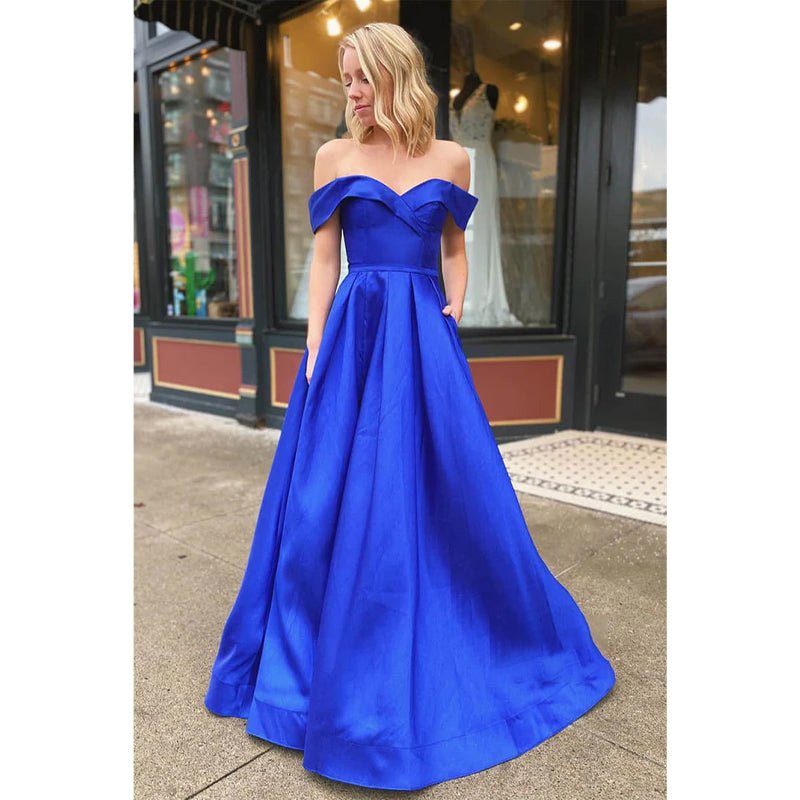 NumberSea - A - line Royal Blue Satin Off - the - shoulder Simple Prom Dress Formal Evening Gowns