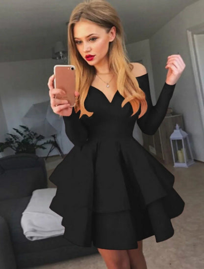 NumberSea - A - line Ruched Homecming Dresses Black Red White Long Sleeve Layered Tiered Short Dress Spring Summer Off Shoulder Hot Cocktail Party