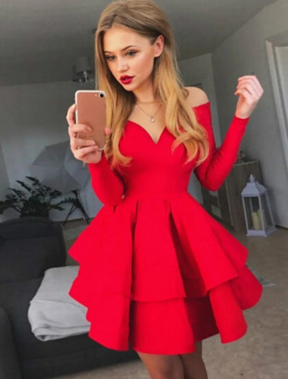 NumberSea - A - line Ruched Homecming Dresses Black Red White Long Sleeve Layered Tiered Short Dress Spring Summer Off Shoulder Hot Cocktail Party