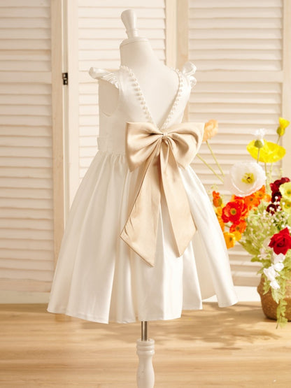 NumberSea - A - line Satin Flutter Sleeves Knee - length Flower Girl Dress