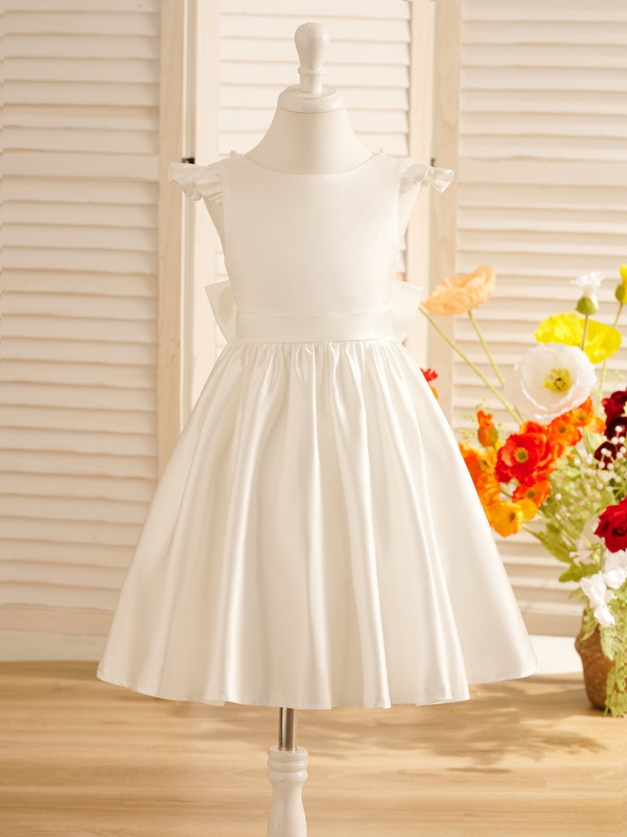 NumberSea - A - line Satin Flutter Sleeves Knee - length Flower Girl Dress