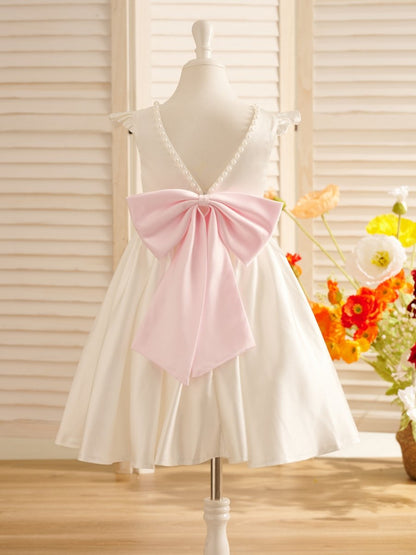 NumberSea - A - line Satin Flutter Sleeves Knee - length Flower Girl Dress