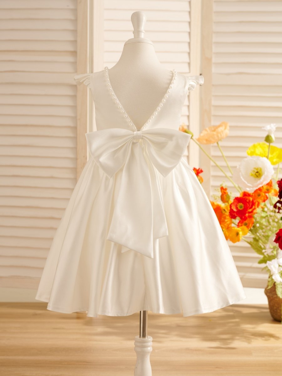 NumberSea - A - line Satin Flutter Sleeves Knee - length Flower Girl Dress