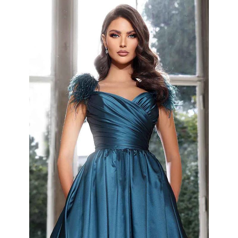 NumberSea - A Line Satin Pleats Feathers Elegant Long Prom Formal Dress with Pockets