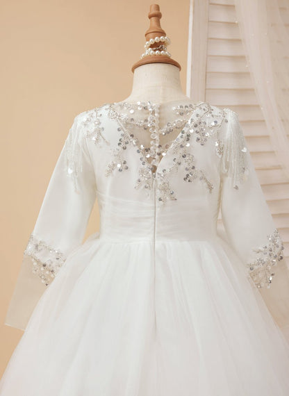 NumberSea - A - line Satin Tulle Court Train White First Communion Flower Girl Dress