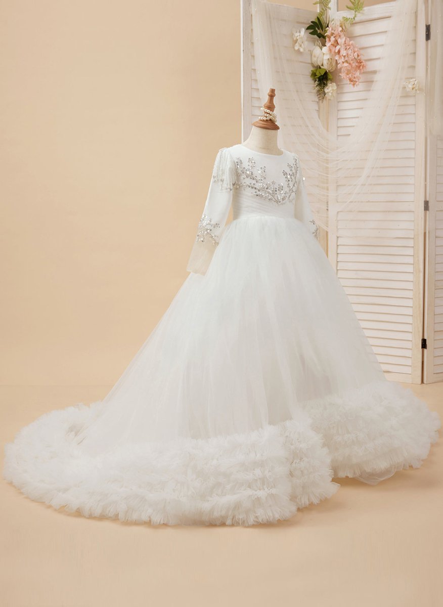 NumberSea - A - line Satin Tulle Court Train White First Communion Flower Girl Dress