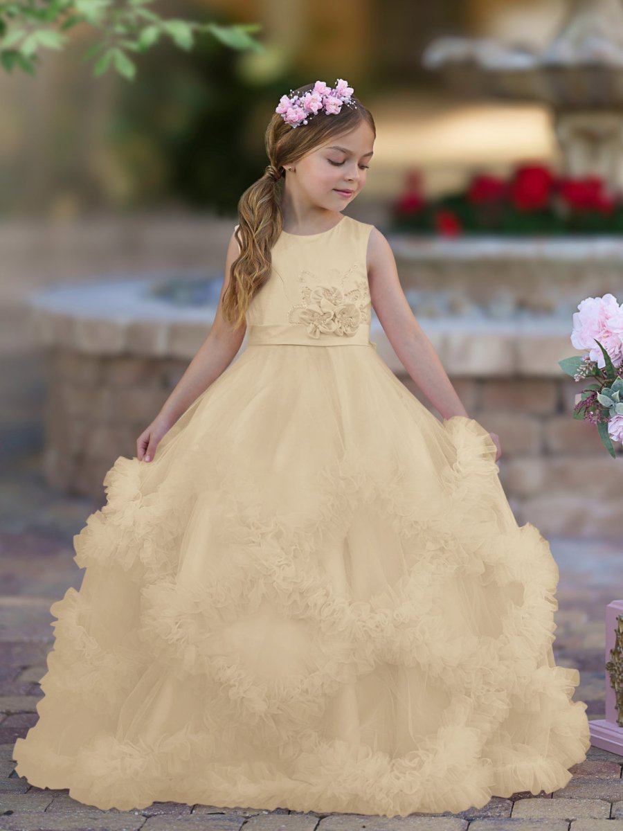 NumberSea - A - line Satin Tulle Floor - length Cascading Ruffles Flower Girl Dress