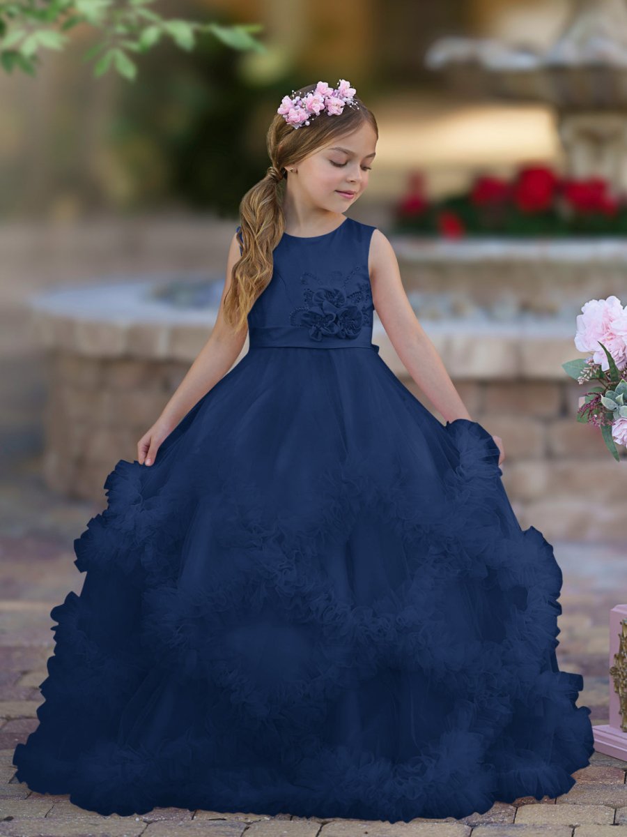 NumberSea - A - line Satin Tulle Floor - length Cascading Ruffles Flower Girl Dress