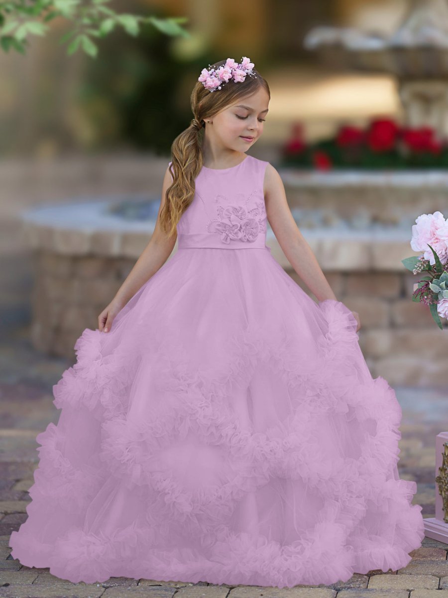 NumberSea - A - line Satin Tulle Floor - length Cascading Ruffles Flower Girl Dress