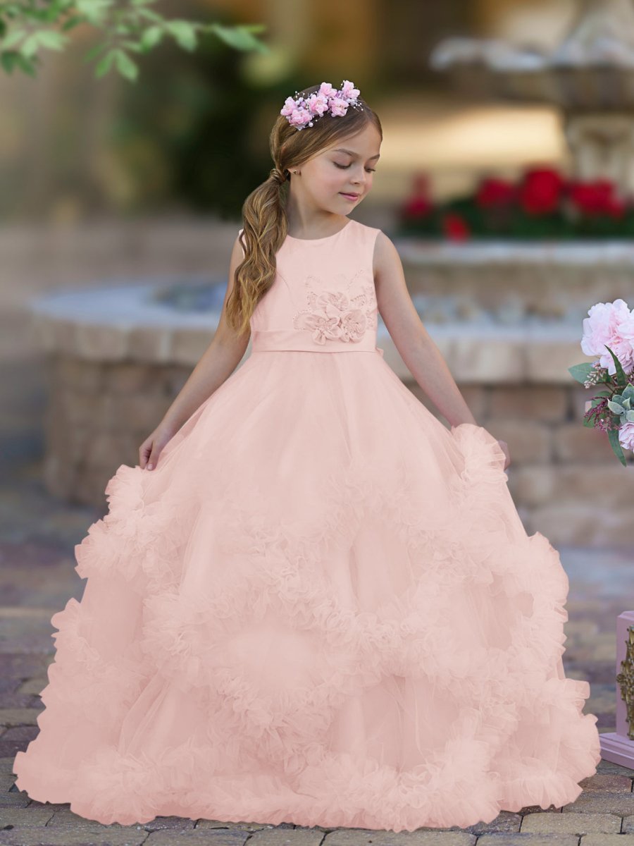 NumberSea - A - line Satin Tulle Floor - length Cascading Ruffles Flower Girl Dress