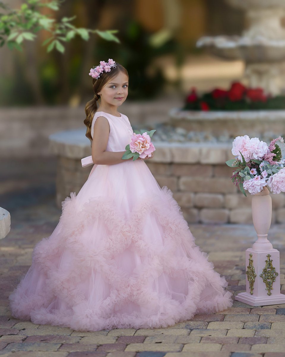 NumberSea - A - line Satin Tulle Floor - length Cascading Ruffles Flower Girl Dress