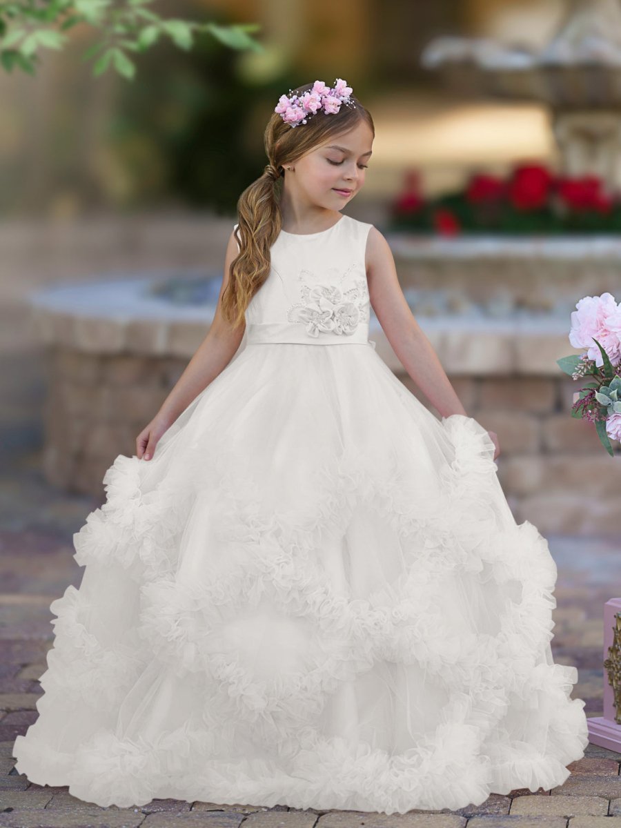 NumberSea - A - line Satin Tulle Floor - length Cascading Ruffles Flower Girl Dress