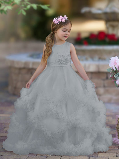 NumberSea - A - line Satin Tulle Floor - length Cascading Ruffles Flower Girl Dress