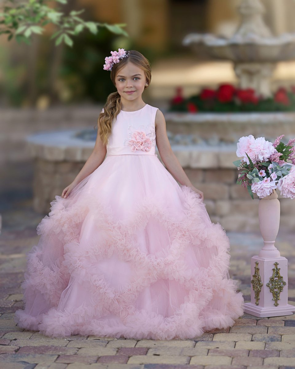 NumberSea - A - line Satin Tulle Floor - length Cascading Ruffles Flower Girl Dress