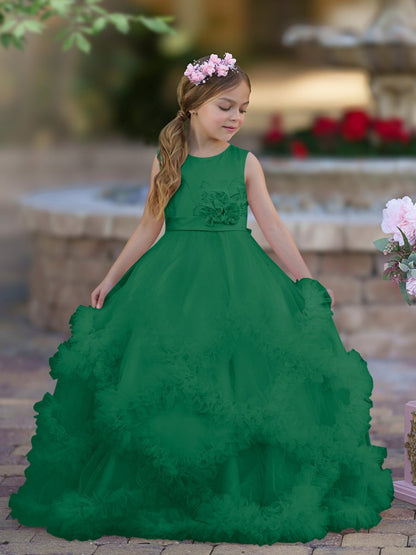 NumberSea - A - line Satin Tulle Floor - length Cascading Ruffles Flower Girl Dress