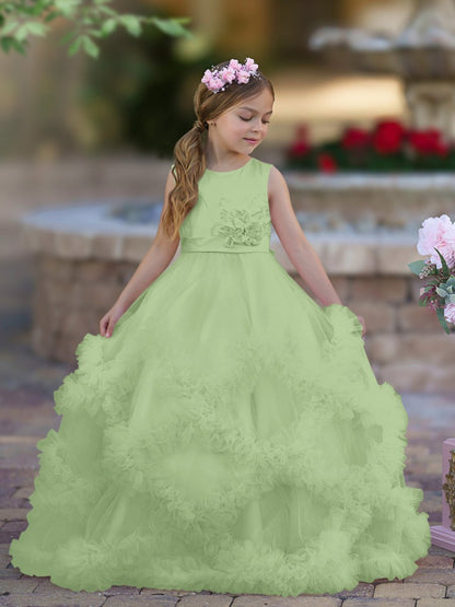 NumberSea - A - line Satin Tulle Floor - length Cascading Ruffles Flower Girl Dress