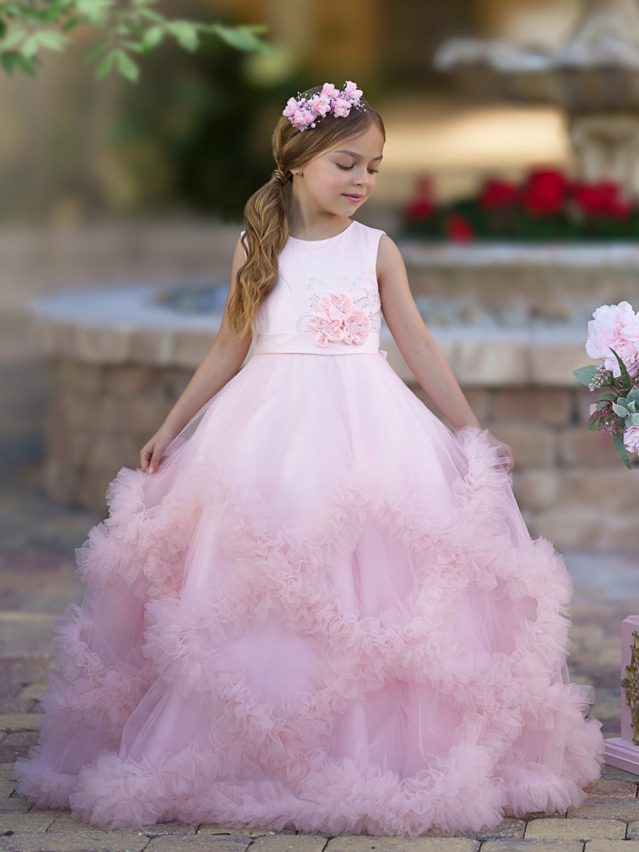 NumberSea - A - line Satin Tulle Floor - length Cascading Ruffles Flower Girl Dress