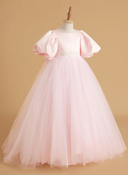 NumberSea - A - line Satin Tulle Short Sleeves Flower Girl Dress