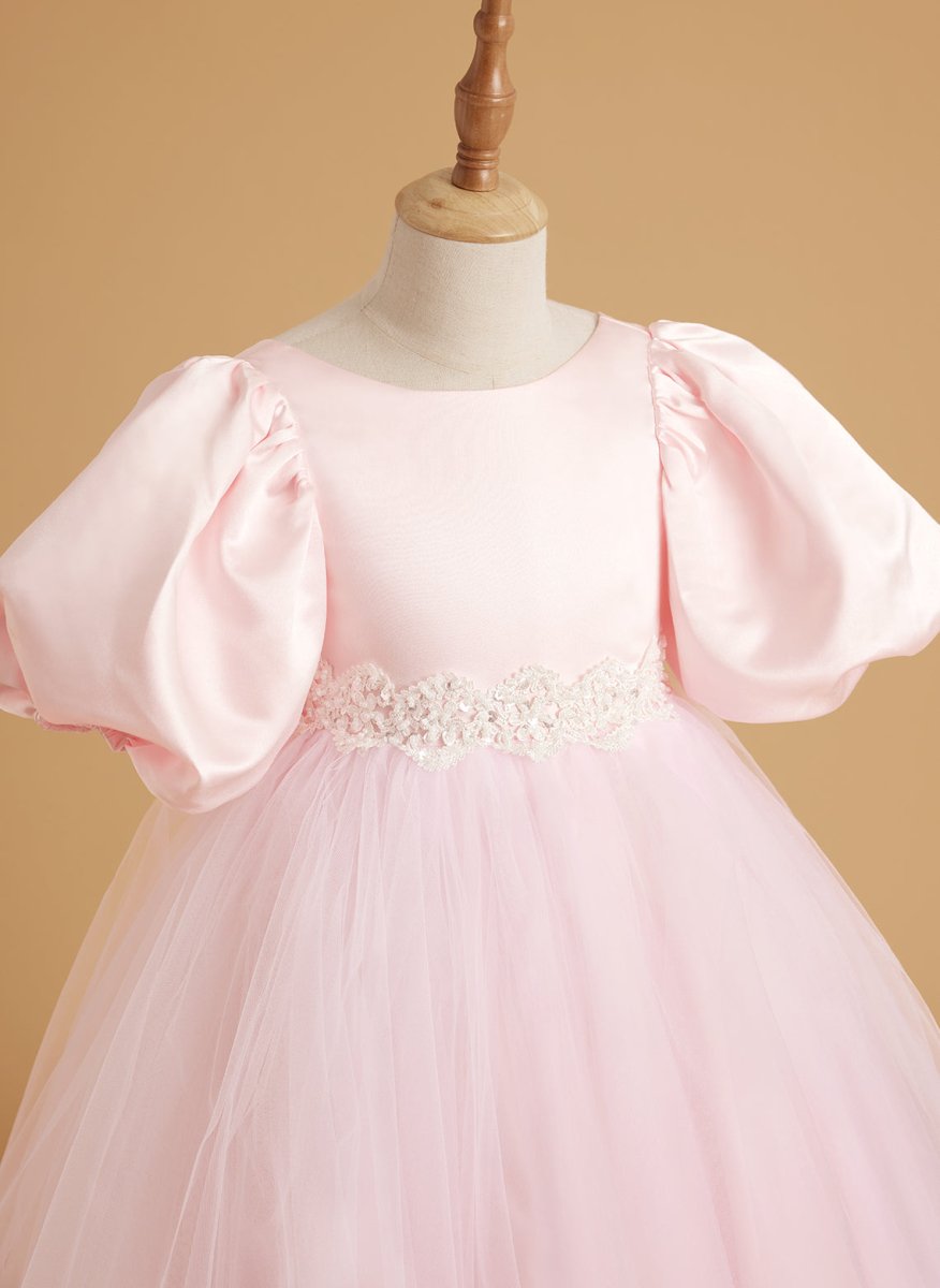 NumberSea - A - line Satin Tulle Short Sleeves Flower Girl Dress