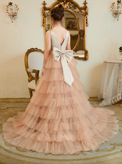 NumberSea - A - line Satin Tulle Sweep Train Champagne Dress (010225319)