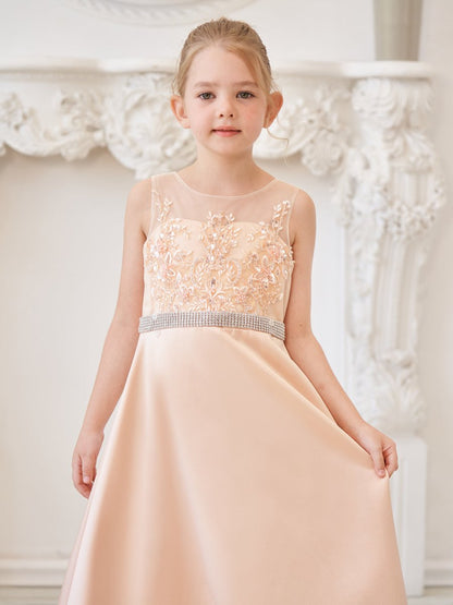 NumberSea - A - line Satin Tulle Sweep Train Champagne Dress (010226776)