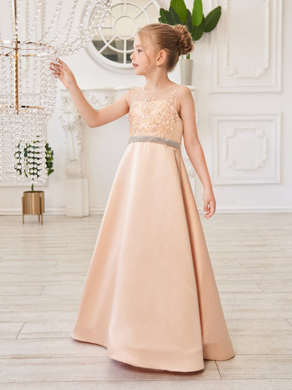 NumberSea - A - line Satin Tulle Sweep Train Champagne Dress (010226776)