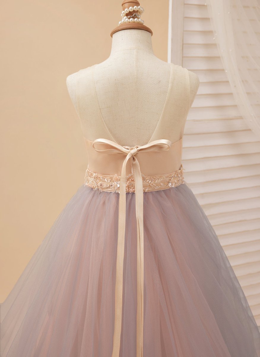 NumberSea - A - line Satin Tulle Sweep Train Champagne Dress (010226776)