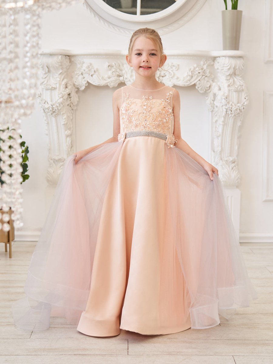 NumberSea - A - line Satin Tulle Sweep Train Champagne Dress (010226776)