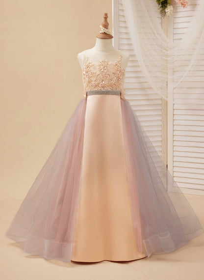 NumberSea - A - line Satin Tulle Sweep Train Champagne Dress (010226776)