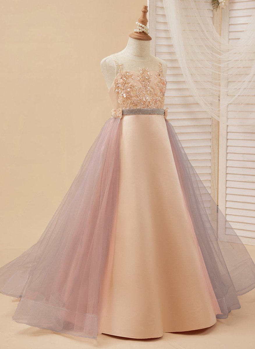 NumberSea - A - line Satin Tulle Sweep Train Champagne Dress (010226776)