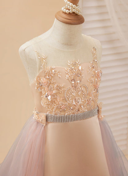 NumberSea - A - line Satin Tulle Sweep Train Champagne Dress (010226776)