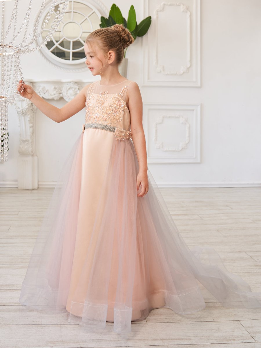 NumberSea - A - line Satin Tulle Sweep Train Champagne Dress (010226776)