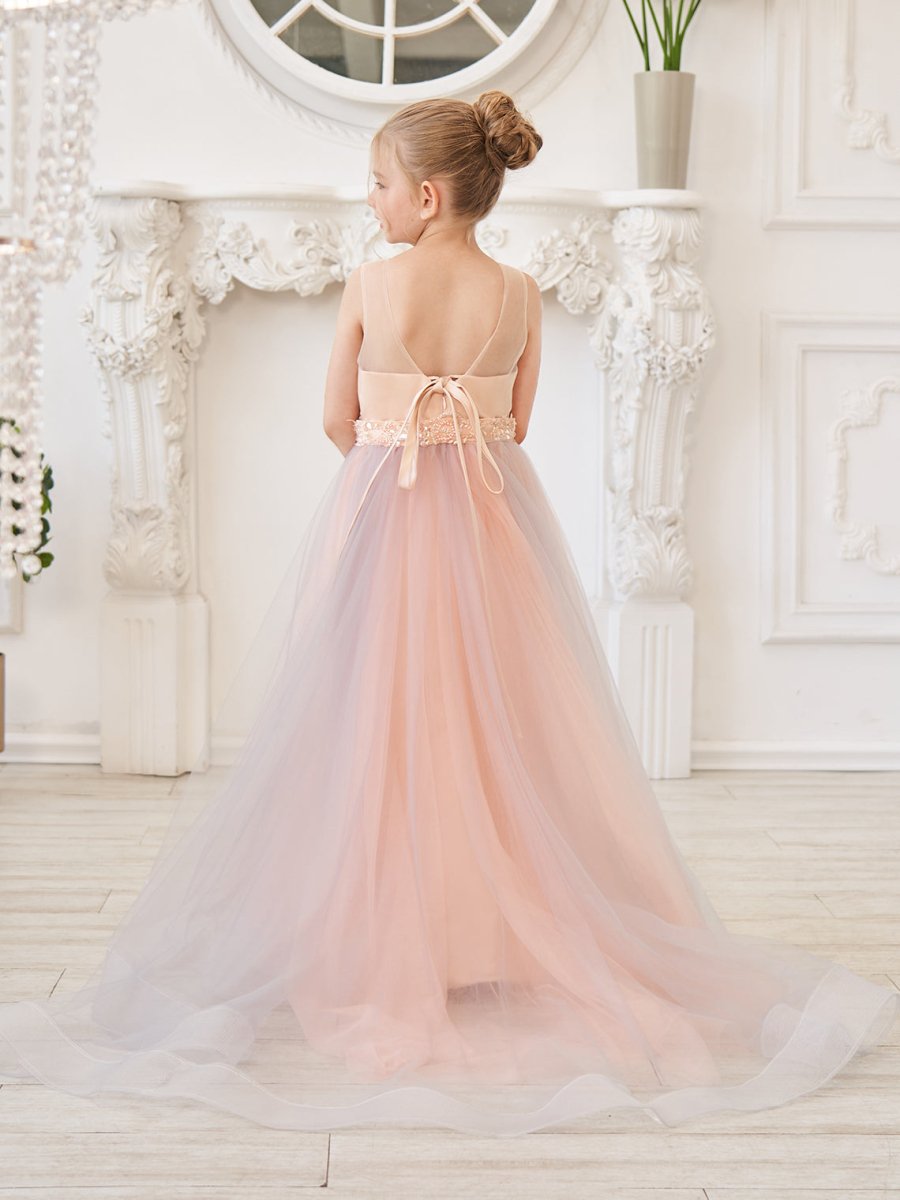 NumberSea - A - line Satin Tulle Sweep Train Champagne Dress (010226776)