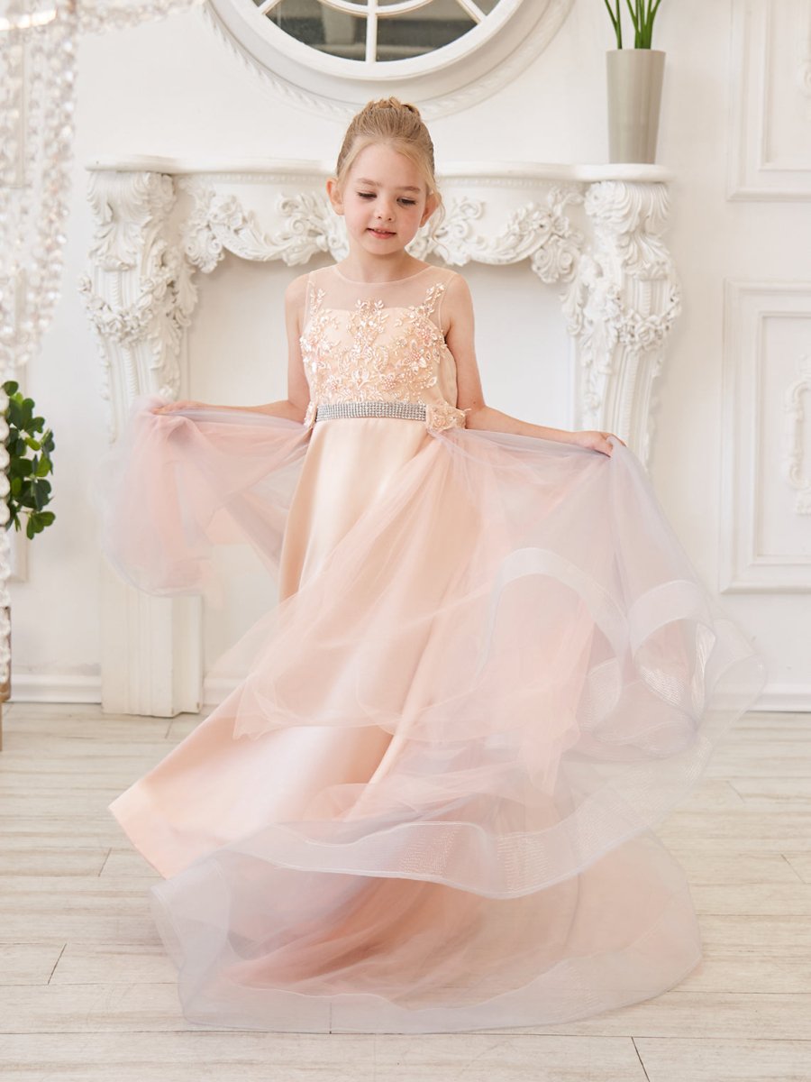 NumberSea - A - line Satin Tulle Sweep Train Champagne Dress (010226776)