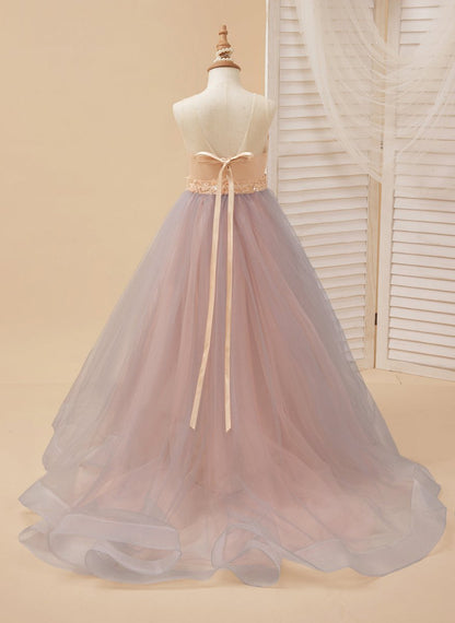 NumberSea - A - line Satin Tulle Sweep Train Champagne Dress (010226776)