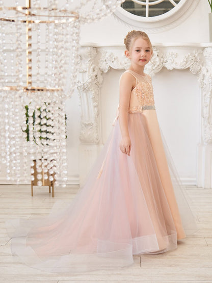 NumberSea - A - line Satin Tulle Sweep Train Champagne Dress (010226776)