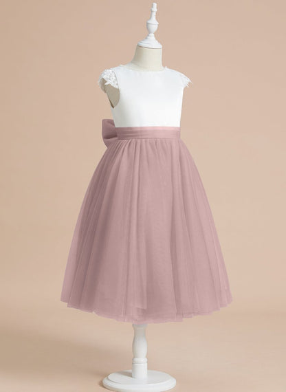 NumberSea - A - line Satin Tulle Tea - length First Communion Flower Girl Dress